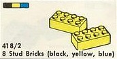 8 Stud Bricks (black, yellow, blue)