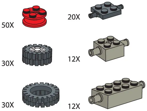 Wheels (Tires, hubs, axle plates and bricks)